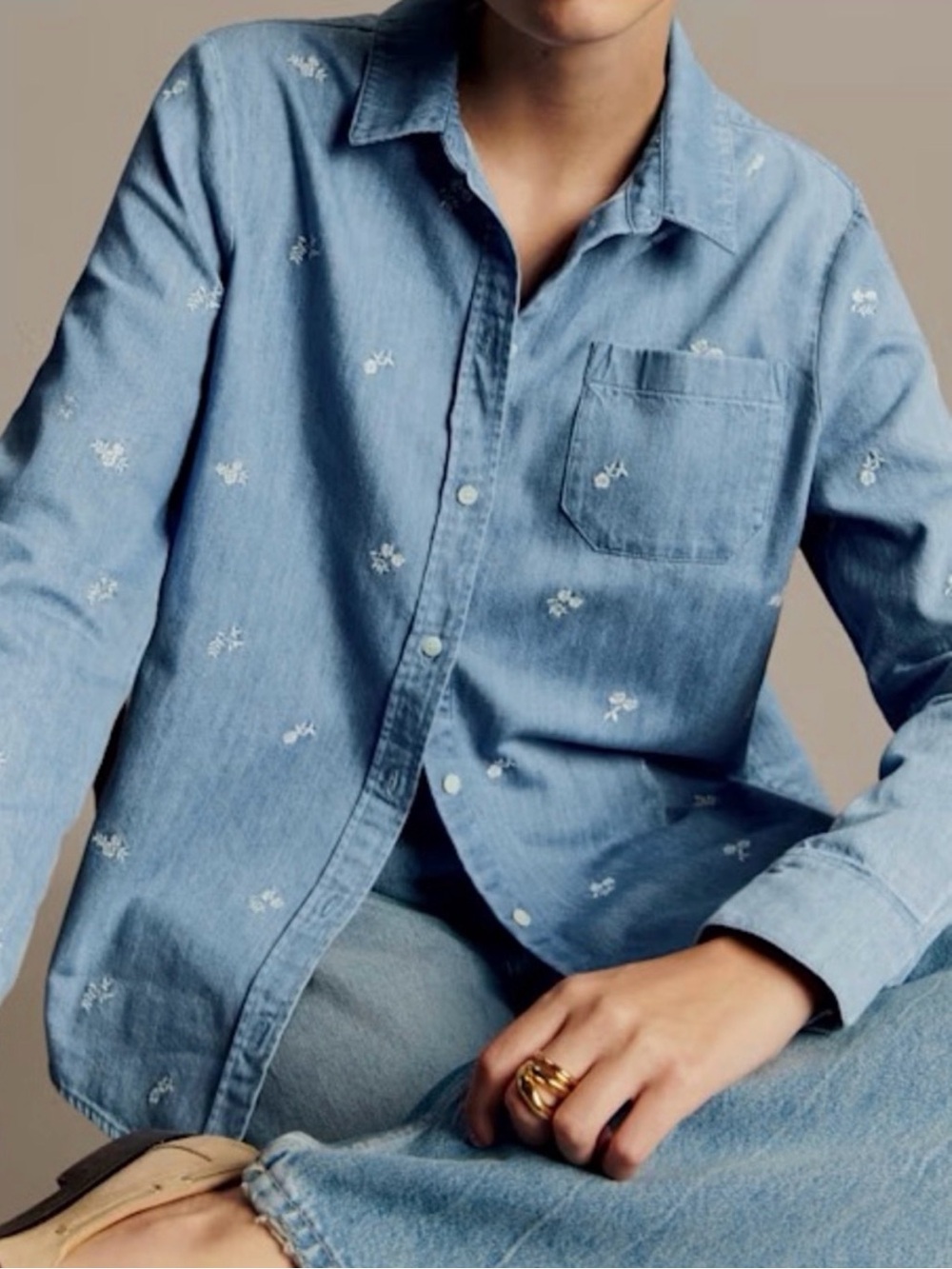 Sézane Tomboy Embroidered Chambray Denim Shirt Blue Floral Button Up FR 38 US 6